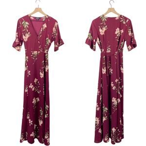 Lulu’s burgundy red floral short sleeve v-neck maxi